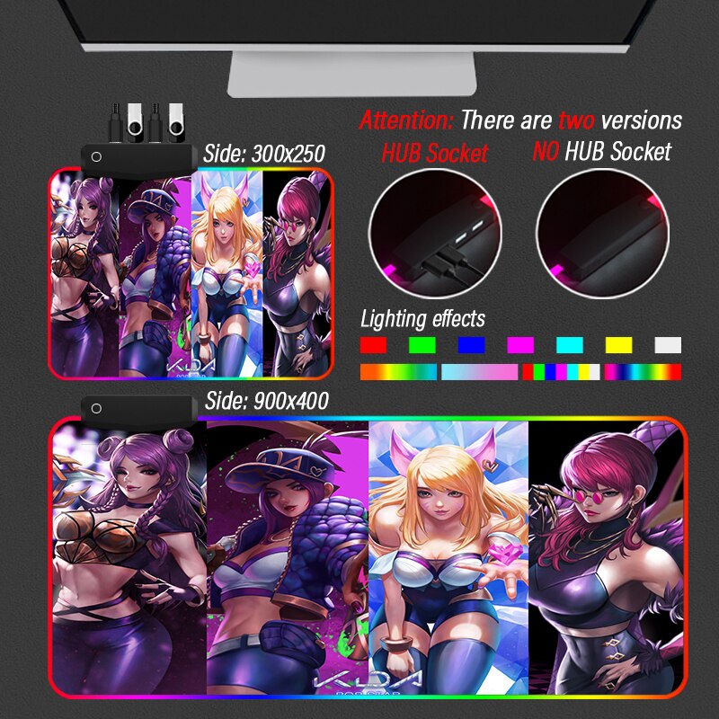 KDA Collection 1 XXL Mouse Pad 4 Port USB Gaming Hub Desk RGB Mousepad Led League of Legends LOL Yasuo HD-Color Custom Slipmat - League of Legends Fan Store