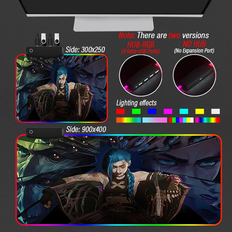 League of Legends Jinx Arcane Collection 2 Super Soft LED Backlit Gaming Mouse Pad HUB PC 4 in 1 USB LOL Desk Mat RGB Carpet - League of Legends Fan Store