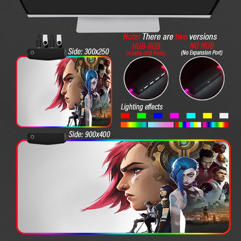 League of Legends Gaming Mouse Pad Hub Mousepad RGB Custom LOL Arcane Carpet Jinx Vi Caitlyn 4 Port USB Playmat With LED Backlit - League of Legends Fan Store