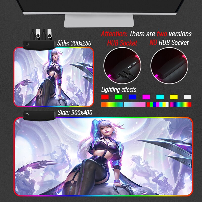 KDA Collection 1 XXL Mouse Pad 4 Port USB Gaming Hub Desk RGB Mousepad Led League of Legends LOL Yasuo HD-Color Custom Slipmat - League of Legends Fan Store