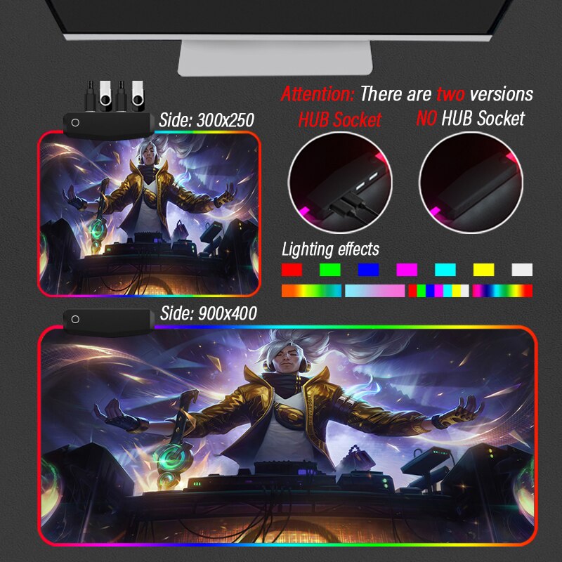 KDA Collection 1 XXL Mouse Pad 4 Port USB Gaming Hub Desk RGB Mousepad Led League of Legends LOL Yasuo HD-Color Custom Slipmat - League of Legends Fan Store