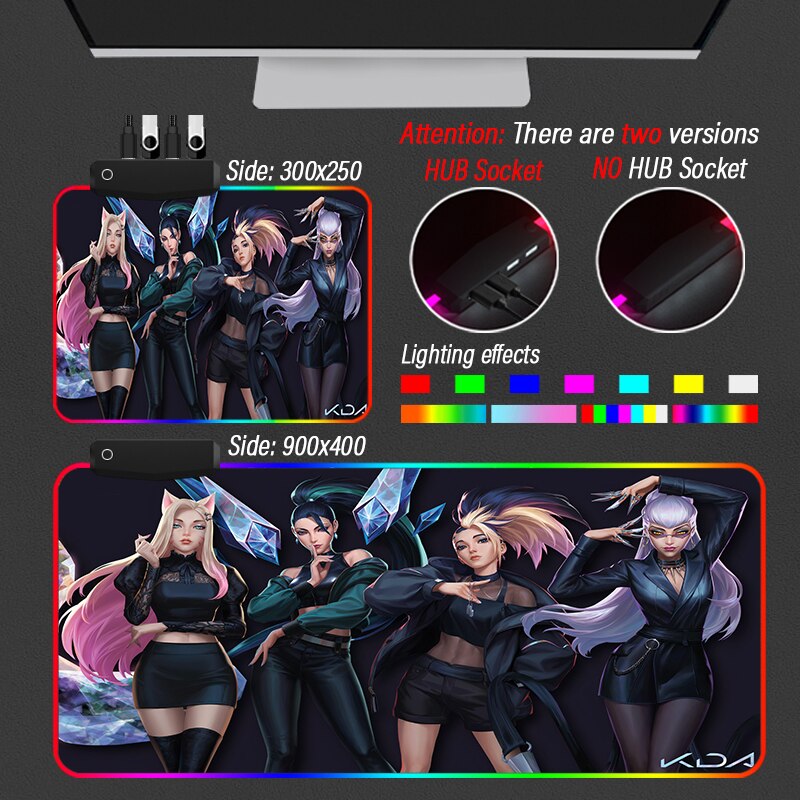 League of Legends KDA Collection 3 Mouse Pad Led Strip HUB 4 in 1 USB 3 Port Carpet Gaming LOL  Custom MousePad RGB Large KDA Akali Desk Mat - League of Legends Fan Store