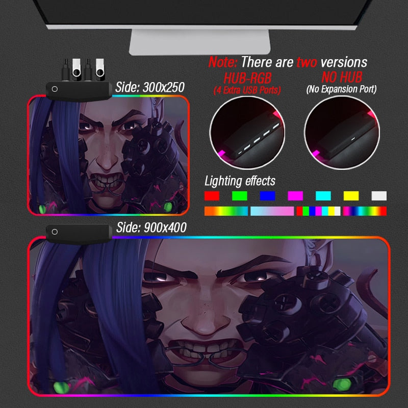 League of Legends Gaming Mouse Pad Hub Mousepad RGB Custom LOL Arcane Carpet Jinx Vi Caitlyn 4 Port USB Playmat With LED Backlit - League of Legends Fan Store