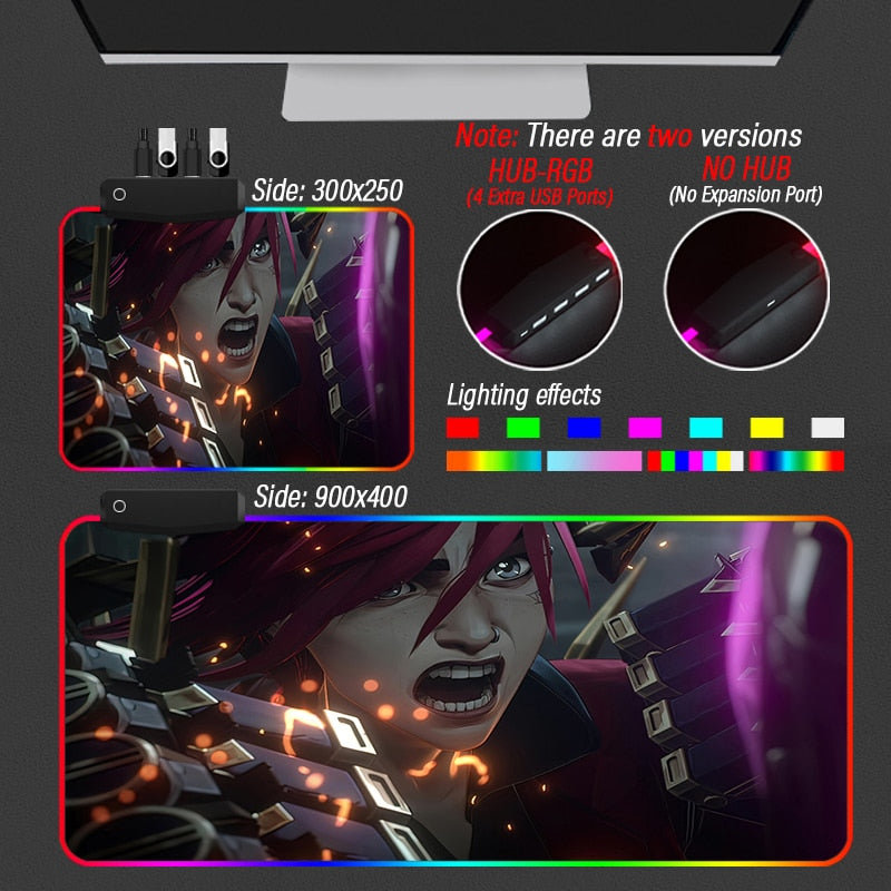 League of Legends Jinx Arcane Collection 2 Super Soft LED Backlit Gaming Mouse Pad HUB PC 4 in 1 USB LOL Desk Mat RGB Carpet - League of Legends Fan Store