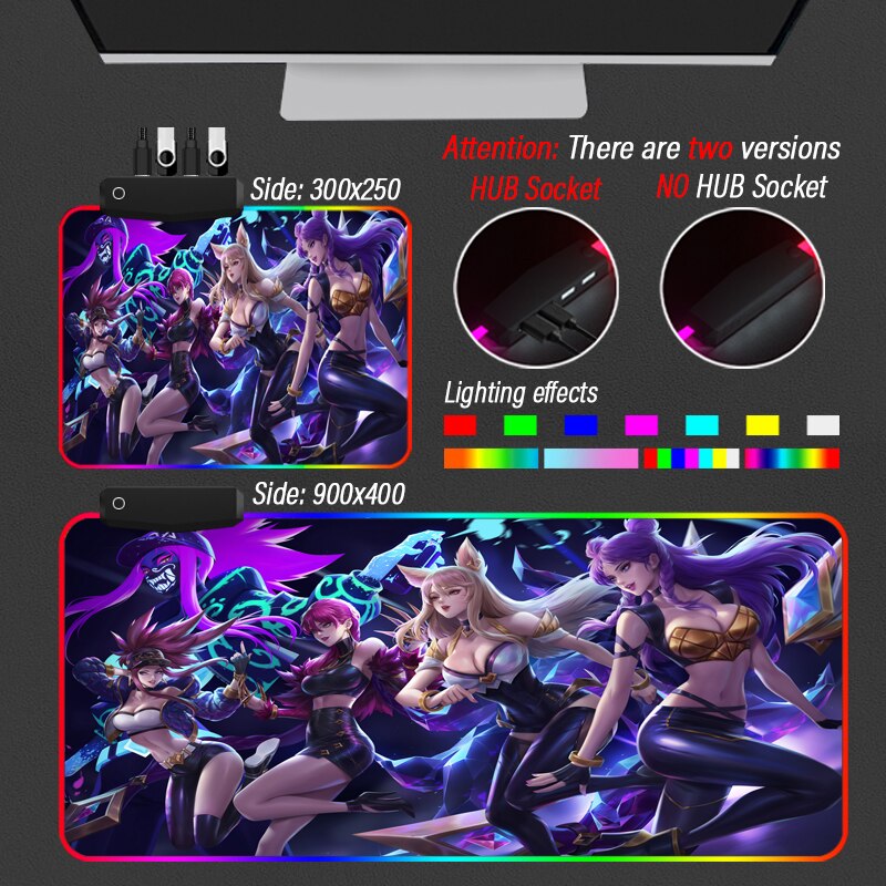 KDA Collection 1 XXL Mouse Pad 4 Port USB Gaming Hub Desk RGB Mousepad Led League of Legends LOL Yasuo HD-Color Custom Slipmat - League of Legends Fan Store