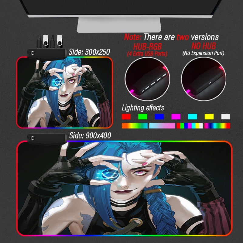 League of Legends Jinx Arcane Collection 2 Super Soft LED Backlit Gaming Mouse Pad HUB PC 4 in 1 USB LOL Desk Mat RGB Carpet - League of Legends Fan Store