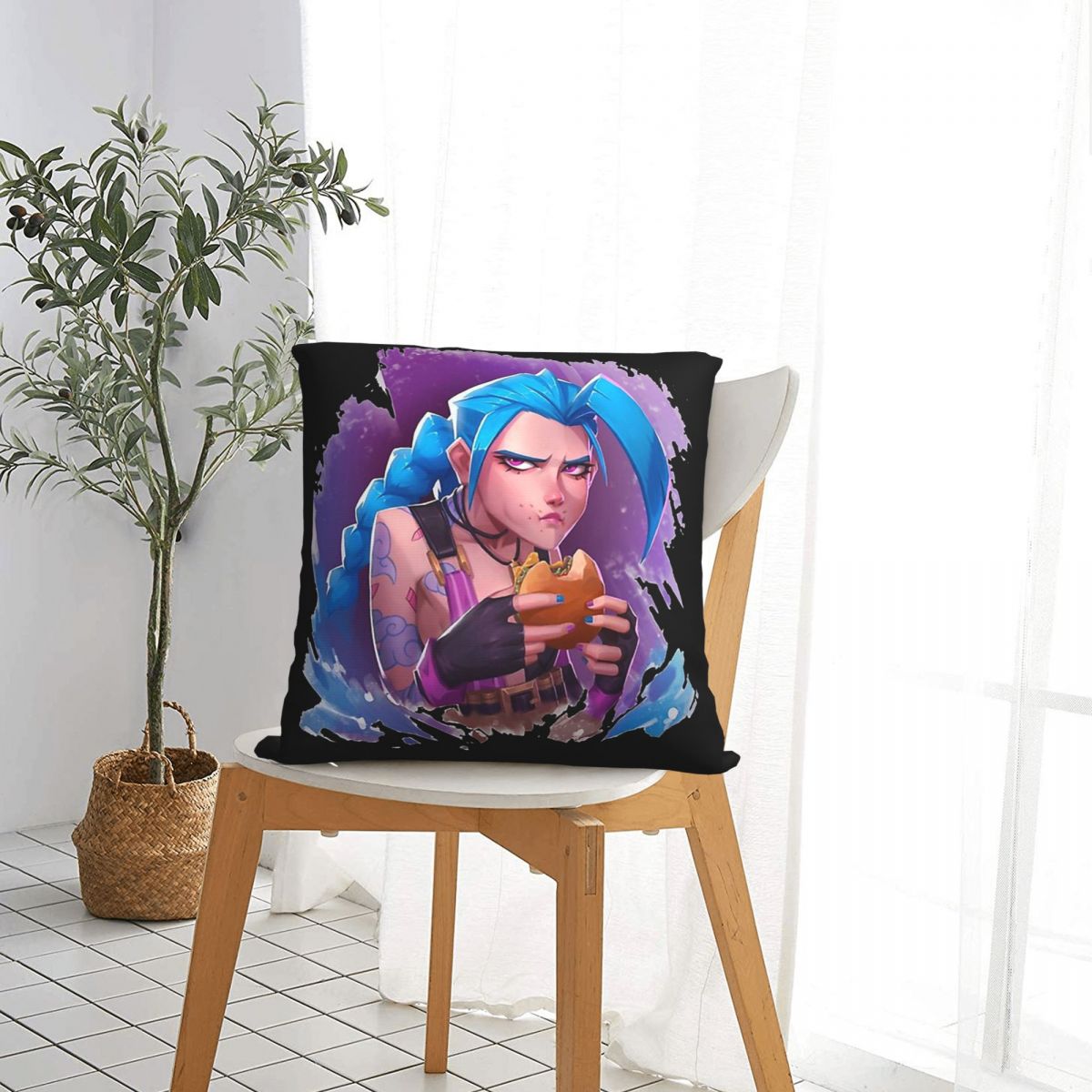 Jinx Eating Hamburgers Throw Pillow Case - League of Legends Fan Store